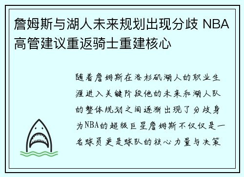 詹姆斯与湖人未来规划出现分歧 NBA高管建议重返骑士重建核心